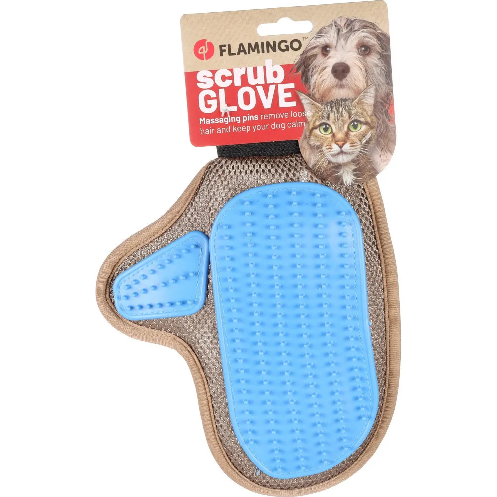 Gant de brossage picot plastique taupe et bleu pour chien et chat