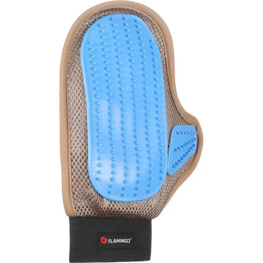 Gant de brossage picot plastique taupe et bleu pour chien et chat